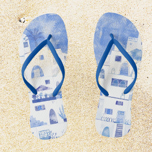 Chanclas Santorini Grecia Acuarela Azul Blanco