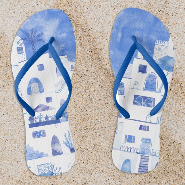 Chanclas Santorini Grecia Watercolor Azul Blanco (Subido por el creador)