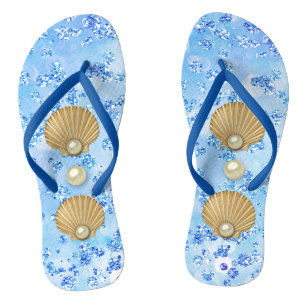Chanclas Seashells y azul de perlas de oro Bokeh Bling