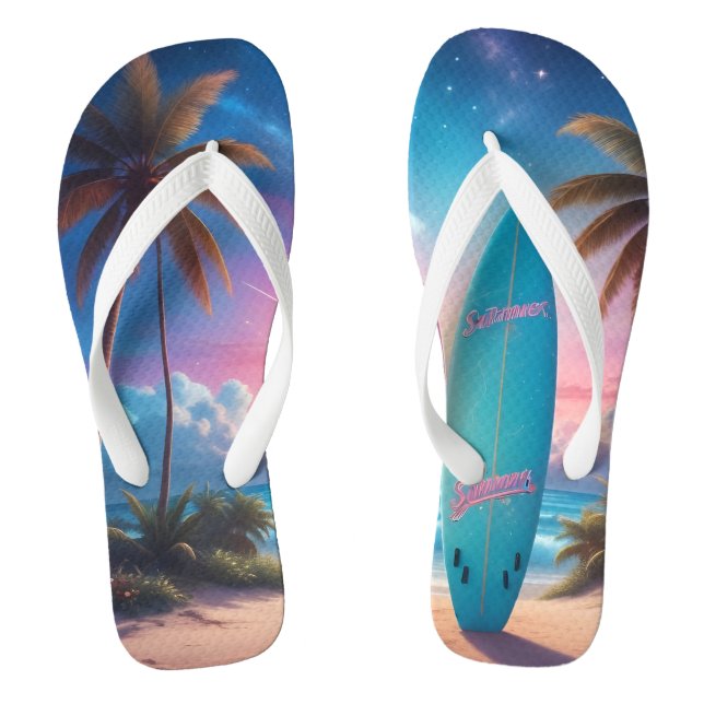 Chanclas tablas de surf en una playa tropical al atardecer. (Plantilla)