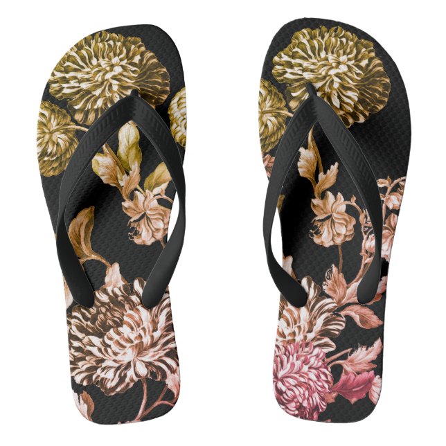 Chanclas Tela Floral Botánica de Oro Rosa Blanca y Negro (Plantilla)