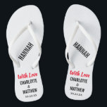 Chanclas Tipografía moderna a favor de la boda<br><div class="desc">Estos modernos chanclas de tipografía son un divertido agradecimiento para cualquier pareja que tenga su boda durante el verano o una boda en la playa. Personalice con los nombres de la novia y del novio, la fecha de boda y el nombre de su dama de honor, padrino o invitado de...</div>