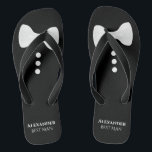 Chanclas Tira de vaca blanca sobre el mejor Boda de hombre<br><div class="desc">Estos divertidos chanclas son una buena manera de agradecer al mejor hombre de su boda. Cuentan con un bonito diseño burlón de esmoquin con una corbata blanca y botones en la parte superior y su nombre y título debajo.</div>