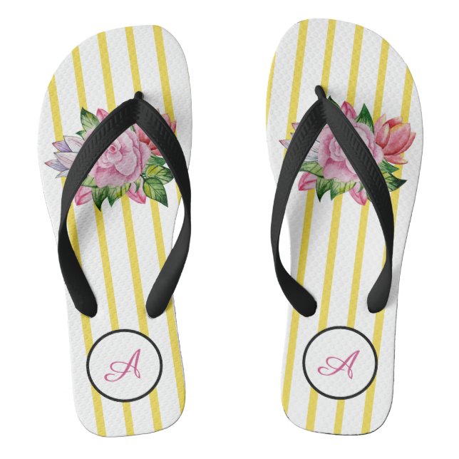 Chanclas Tiras Amarillas Y Blancas Con Rosas Rosa (Plantilla)