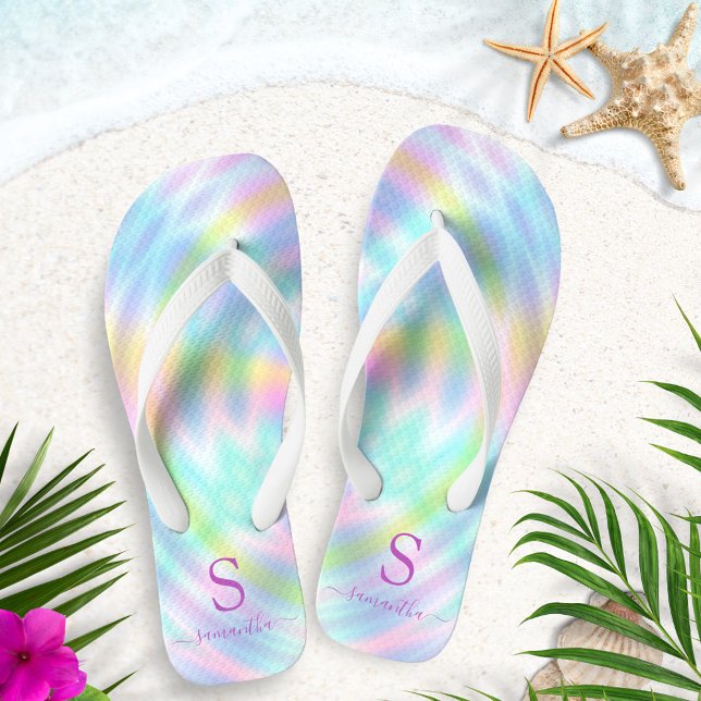 Chanclas Verano monogramado del arcoiris holográfico pastel (Subido por el creador)