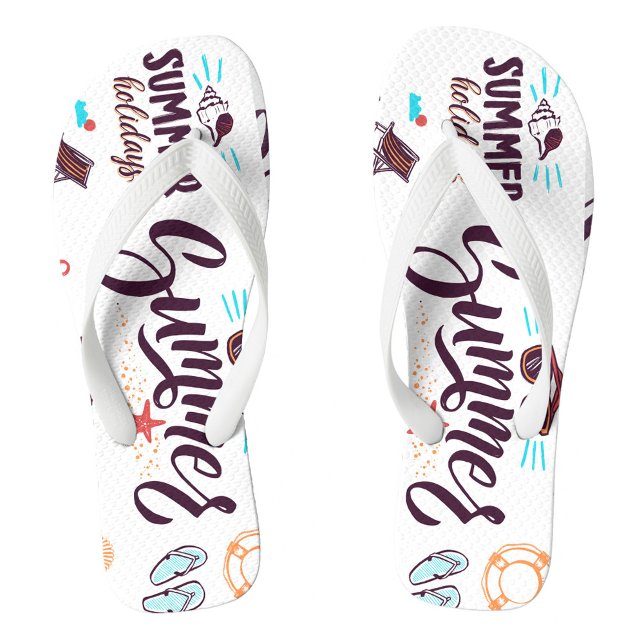 Chanclas Verano salvaje ("Summer" in a stylized, cursive font, along with various beach-related icons such as seashells.)