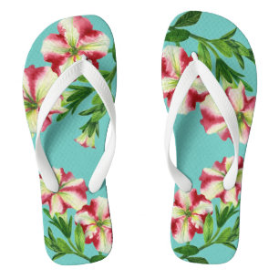 Chanclas Watercolor Red Petunias Red Red White Turquoise Ba