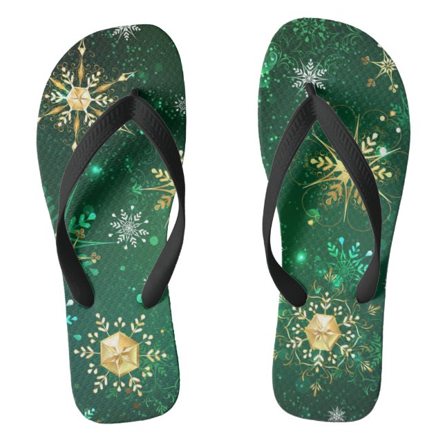 Chanclas Xmas copos de nieve dorados sobre fondo verde (Plantilla)