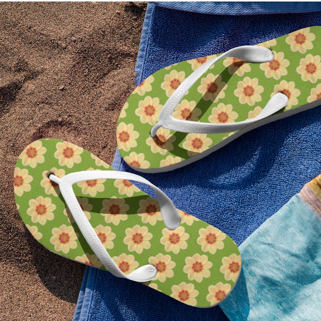 Chanclas Yellow Dahlia Floral Pattern on Green (In Situ)