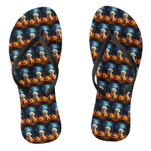 Chanclas Yorkipoo de Halloween con calabazas temerosas