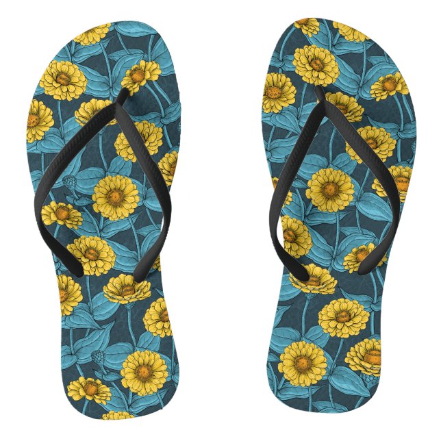 Chanclas Zinnias amarillas en azul oscuro (Plantilla)