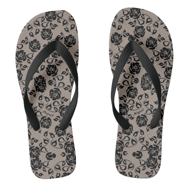 Chancletas de encaje negro falso con flores y red  (Plantilla)