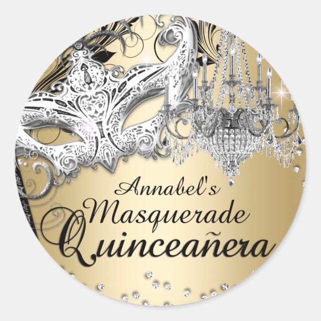 Chandelier Masquerade Gold Quinceanera Pegatina (Anverso)