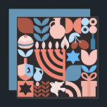 Chanukah Hanukkah Menorah Donut Tarjeta de Estrell<br><div class="desc">Tarjeta de felicitación de patrón geométrico moderno Hanukkah / Chanukah. Menorah, Dreidel, Estrellas Judías, Donut & Olive OI... están todos aquí. Símbolos judíos Hanukkah Espacio para agregar tu texto personalizado al revés. Felices deseos de Hanukkah. En el interior, el hebreo dice "Chanukah Sameach". (Feliz Chanukah). Esta hermosa y lujosa mirada...</div>