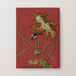 Chapa Arte de Loto de Pájaro Japonés Rojo Antiguo G.A. A