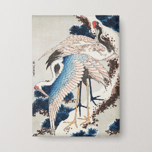 Chapa Arte japonés de Hokusai Dos grullas Pino nevado