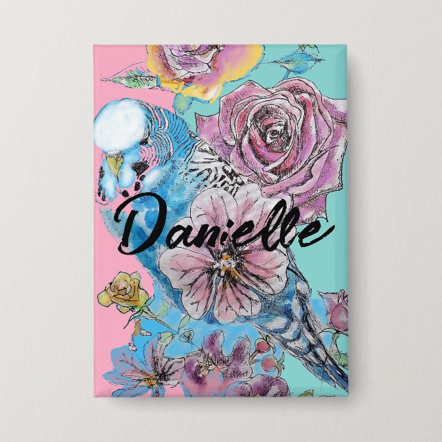 Chapa Blue Budgie Budgies Rosa Flor Flor Llave Anillo (Anverso)