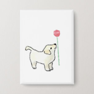 Chapa Cachorro Blanco Olfateando Flor Rosa