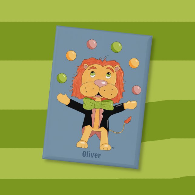 Chapa Circus Juggling Lion Kid Blue Button with Name (Fun button for kids to collect with a circus lion juggling balls . )