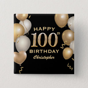 Chapa Cuadrada 100.ª fiesta de cumpleaños Globos de oro y negro
