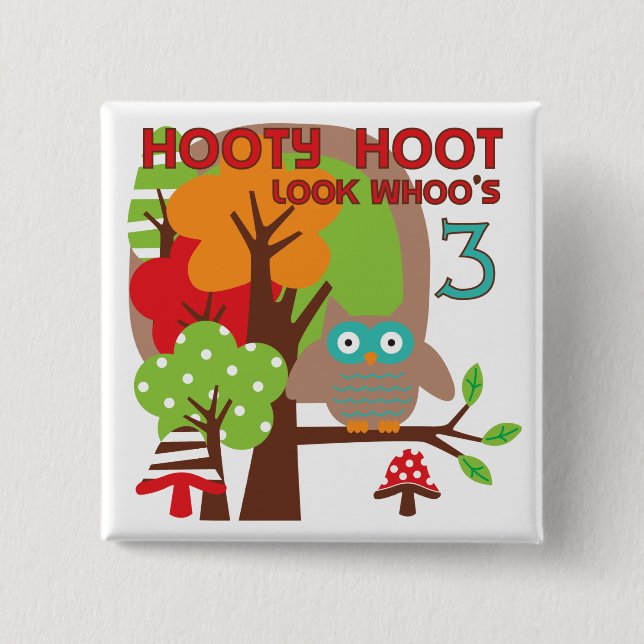 Chapa Cuadrada 3ro camisetas y regalos del cumpleaños del búho (Anverso)