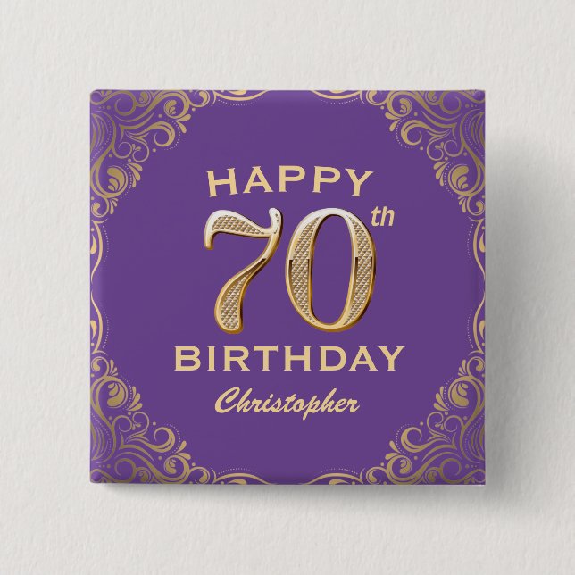 Chapa Cuadrada 70.ª fiesta de cumpleaños Marco morado y Purpurina (Anverso)