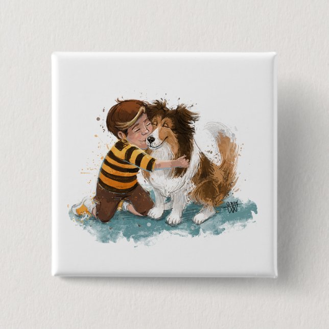 Chapa Cuadrada Abrazo de Sheltie y perro niño (Anverso)