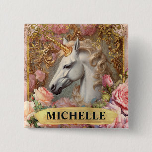 Chapa Cuadrada Acuarela Unicornio Blanco Vintage y Rosas Rosadas