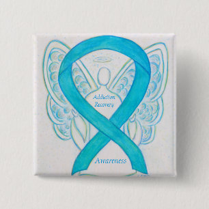 Chapa Cuadrada Addication Recovery Blue Awarness Ribbon Angel Pin