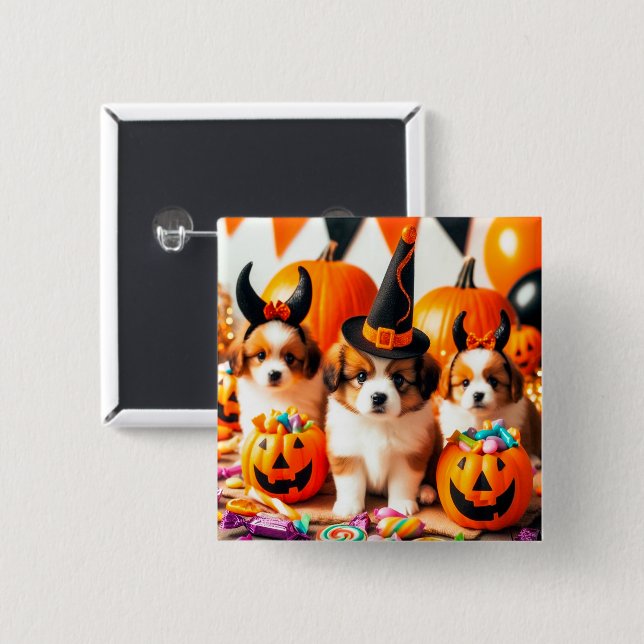 Chapa Cuadrada Adorable puppies halloween  (Anverso y reverso)