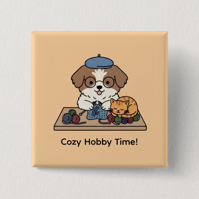 Chapa Cuadrada Adorable Puppy Knitting with Friend Hobby Art Pin (Anverso)