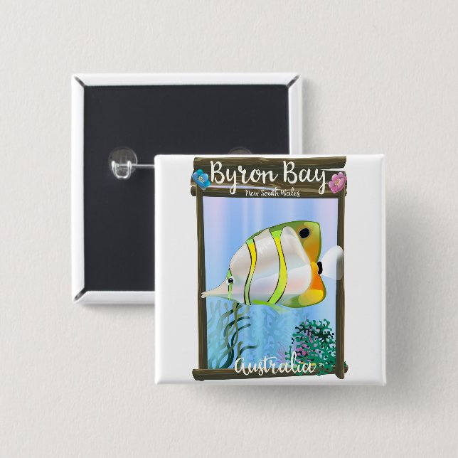 Chapa Cuadrada Afiche de viaje de Byron Bay Australia. (Anverso y reverso)