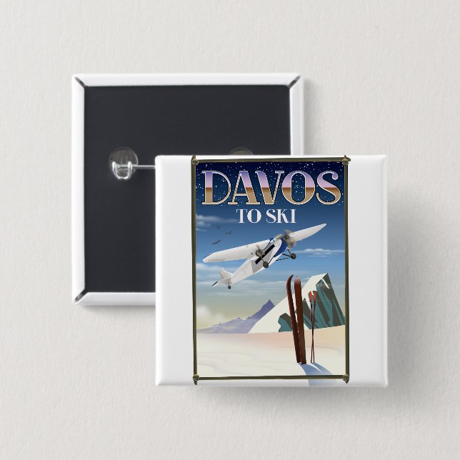 Chapa Cuadrada Afiche de viaje de Davos Suiza (Anverso y reverso)