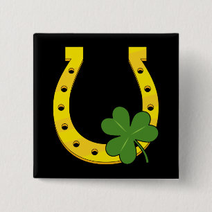 Chapa Cuadrada Afortunado Horseheno de Oro con Shamrock en negro