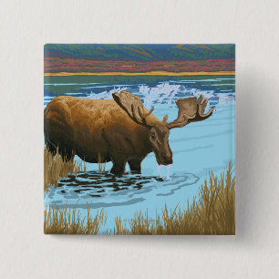 Chapa Cuadrada Alces que beben en el lago - Parque Nacional