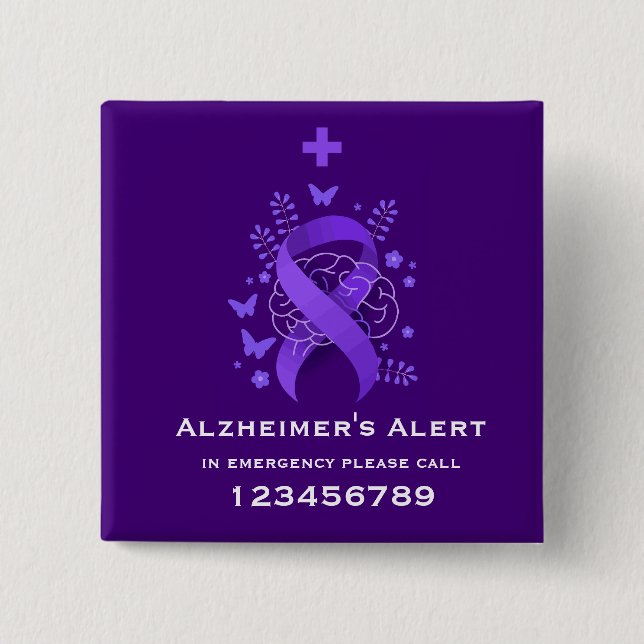 Chapa Cuadrada Alerta de Enfermedad de Alzheimer Morada (Anverso)