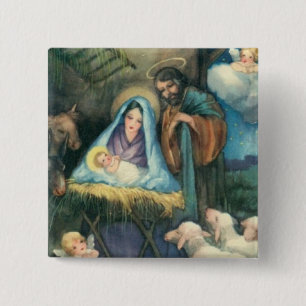 Chapa Cuadrada Alfiler de escena de pesebre vintage de Navidad