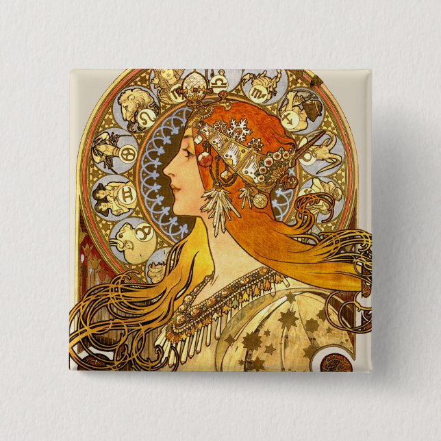 Chapa Cuadrada Alfonse Mucha Zodiac Art Nouveau Mujer (Anverso)