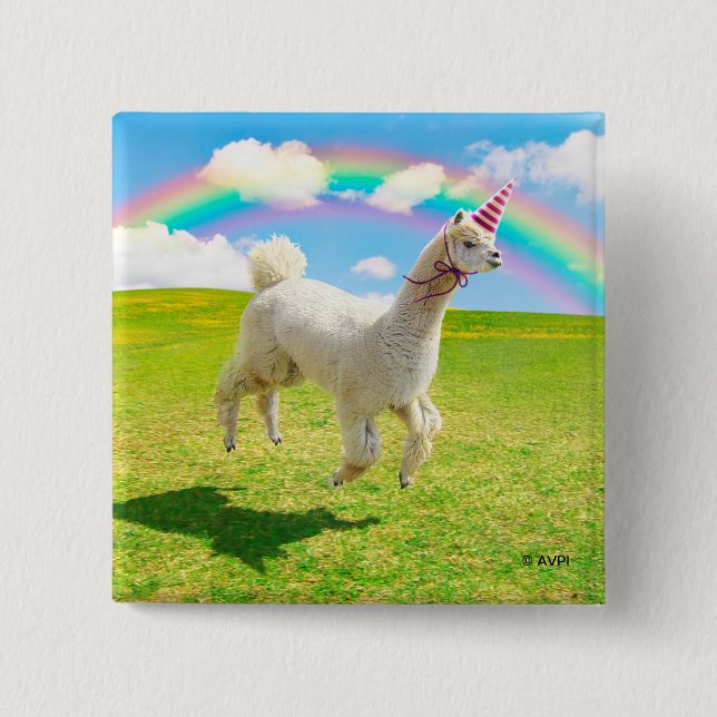 Chapa Cuadrada Alpaca Unicornio Bajo Cielo Arcoiris (Anverso)