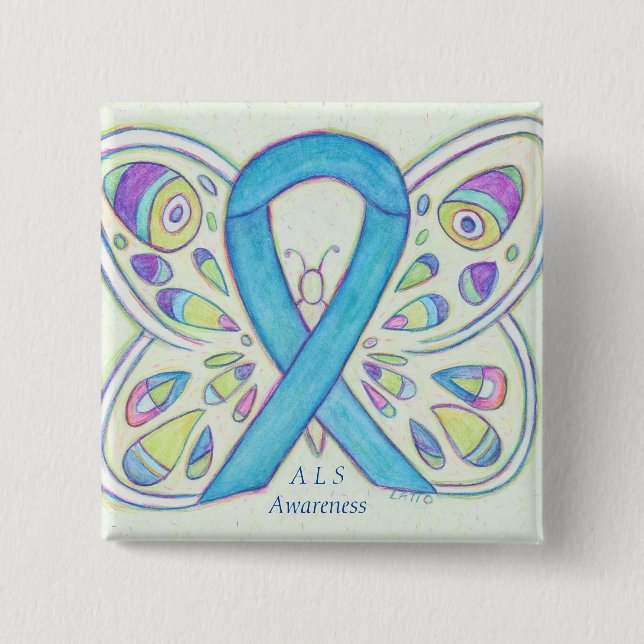Chapa Cuadrada ALS Blue Butterfly Awareness Ribbon Personalizado  (Anverso)