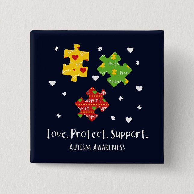 Chapa Cuadrada Amar Proteger Apoyar Conciencia sobre el autismo (Anverso)
