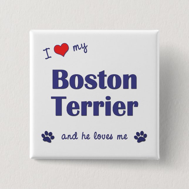 Chapa Cuadrada Amo mi Boston Terrier (el perro masculino) (Anverso)