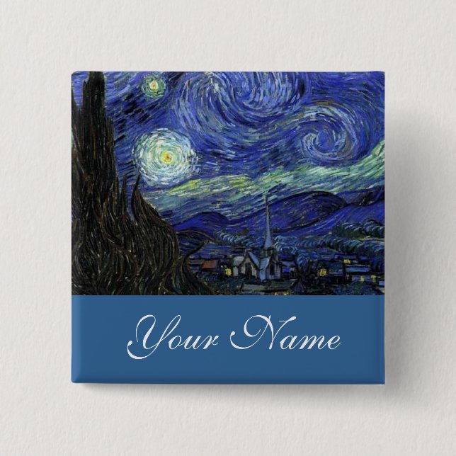 Chapa Cuadrada Anclaje de nombre, Vincent van Gogh, Noche Starry (Anverso)