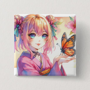 Chapa Cuadrada Anime Chica sostiene arte mariposa australiana
