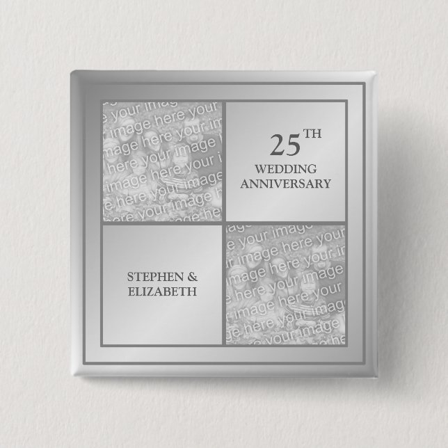 Chapa Cuadrada Aniversario de plata de foto anterior y presente ( (Anverso)