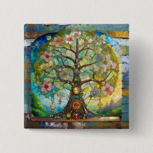 Chapa Cuadrada Árbol de la Vida Florido de 7 Chakras