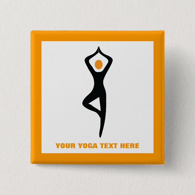 Chapa Cuadrada Árbol de yoga pose negro, personalizado naranja (Anverso)