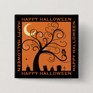 Chapa Cuadrada Árbol y cementerio Arte naranja Feliz Halloween