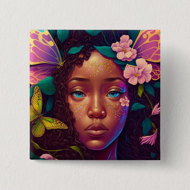 Chapa Cuadrada Arte afroamericano de fantasía de hadas negras (Anverso)