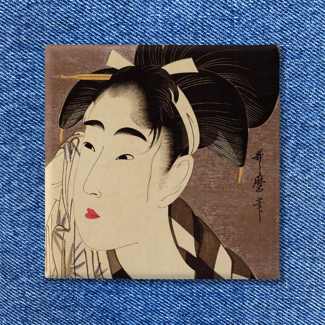 Chapa Cuadrada Arte Antiguo Mujer Limpiando Sudor (Woman Wiping Sweat Pinback Button)